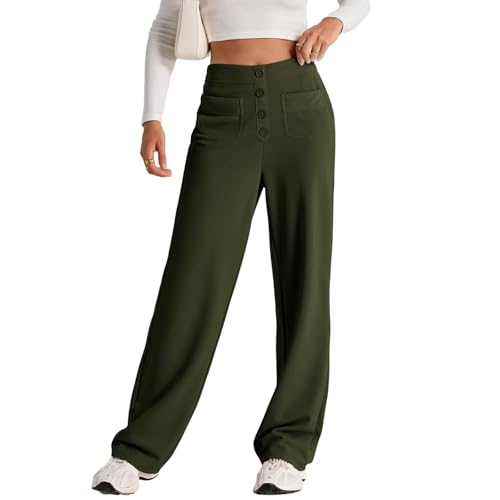 Women's High Waisted Straight Leg Pants Business Casual Work Pants Button Down Casual Trousers with Multiple Pockets