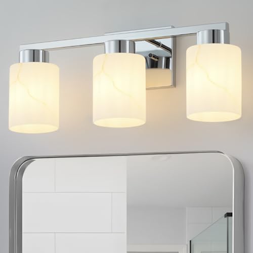 Image of 3-Light Bathroom Light Fixtures, Modern Vanity Lights, Chrome Metal Wall Lamp with White Marble Glass for Bathroom, Mirror, Living Room, Bedroom, Cabinet, Porch, Hallway, E26 Base