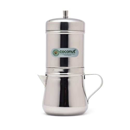Image of Coconut Stainless Steel 2in1 South Indian Filter Coffee Maker - Traditional Drip Kaapi Maker Pot with Spout, Side Handle & Micro-Perforated Filter Disc (150ml)