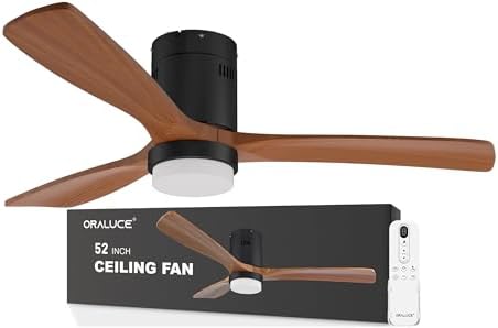 ORALUCE 52 Inch Ceiling Fans with Lights and Remote Control, Indoor Outdoor Modern Wood Ceiling Fan with Reversible Quiet DC Motor, 6 Speed, 3 LED Colors, for Bedroom Living Room Patio Balcony, Black