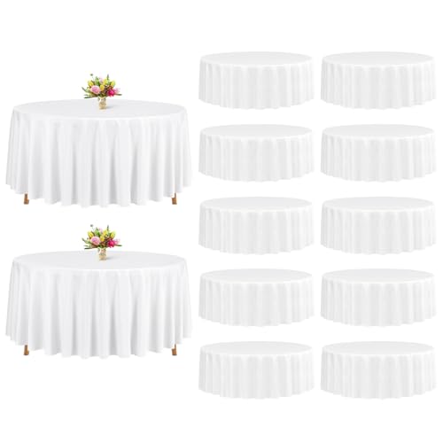 YMHPRIDE Lot de 12 nappes rondes blanches de 228 cm, en tissu polyester lavable pour mariage, banquet, fête, décoration de table, blanc