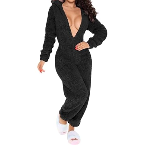 A ADILACA Womens Bear Sleepwear Cute Fuzzy Warm Fleece Hooded Romper Pant Jumpsuit Playsuit, Fashion Cute One Piece Fuzzy Outfits Jumpsuit (Black, S) Cover