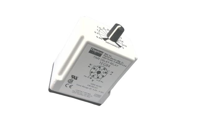 DAYTON 1EGB4 10AMP, Plug in, 120VAC Coil, ON DELAY, 8 PIN Socket, DPDT, TIME DELAY Relay, 0.1-5 Seconds Timing Range