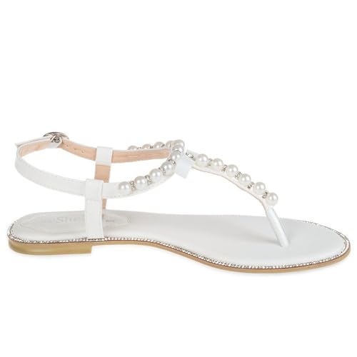 SheSole Women's Pearl T-Strap Bridal White Flat Sandals Beach Wedding Shoes2