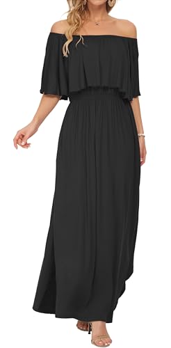 Image of AUSELILY Womens Off Shoulder Ruffle Split Summer Maxi Dresses with Pockets | Off-shoulder Ruffle dress with empire waist & side split for summer beach and casual parties