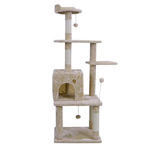 Arbre à chat, Tour de jeux avec Maison, perchoir, couchette et plateforme et Cordelettes Jeux. Convient pour plusieurs chats. Design Robuste plusieurs étages + Griffoir ou grattoir. (145) Cover