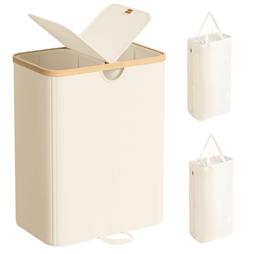 SONGMICS Wäschekorb 2 Fächer Wäschesammler 150 Liter Wäschesortierer mit Deckel Wäschetonne Wäschesäcke herausnehmbar für Waschküche Schlafzimmer Wohnzimmer cremeweiß-naturbeige LCB523W01