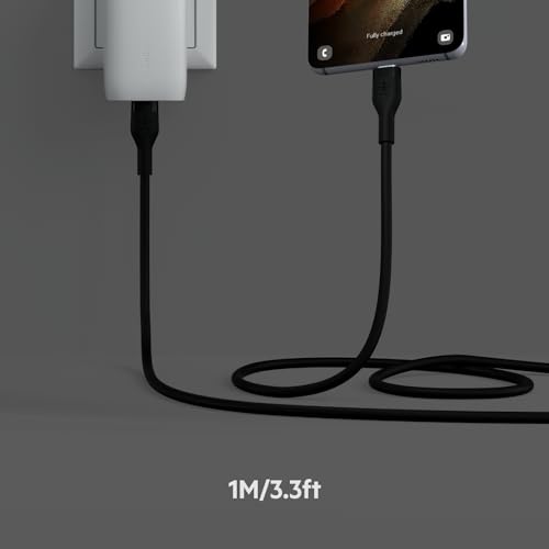 Image of Belkin BoostCharge Flex Silicone USB-C to USB-C Charging Cable (1M /3.3FT) for iPhone 16, iPhone 16 Pro, Galaxy S25, S24, Pixel 9 & 8, Nintendo Switch 2 & More with Cable Clip - Black