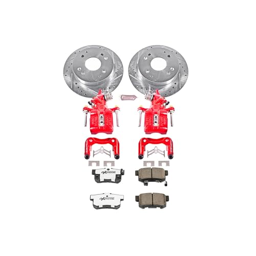 Image of PowerStop Rear Brake & Caliper Kit for Honda Accord 1998-02 - Drilled & Slotted Disc Rotors + Carbon-Fiber Ceramic Brake Pads + Red-Powder Coated Calipers, KC1244-26