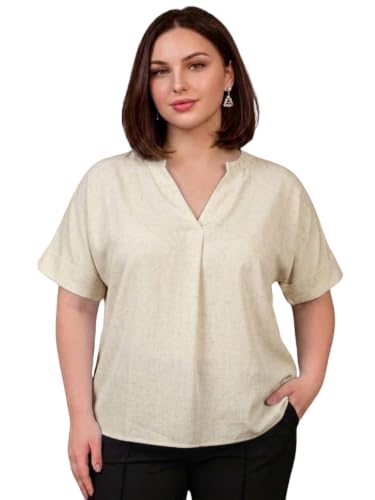 Image of SINDOORI Relaxed Fit Tops for Women Plus Size Solid Printed Mandarin Collar, Band Collar, V-Neck Top, Half Sleeve Loose Fit