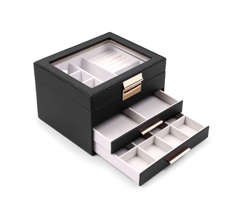 Image of BucketList Luxury PU Leather Jewellery Organizer Box with Glass Top | Multi-Drawer Jewelry Storage Case with Ring Slots & Compartments | Elegant Lockable (2 Drawers Jewellery Box (Black))