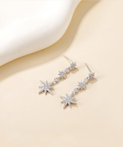 TIGRADE Wedding Earrings for Brides Bridesmaids Silver Star Hexagonal Snowflakes Dangling Cubic Zirconia 925 Sterling Silver Post Earrings for Women Prom2
