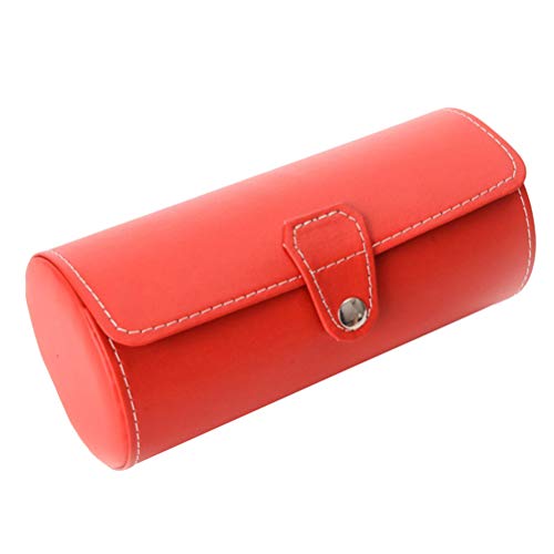 Watch Case, 3- Bit Watch Case Travel Portable Watch Storage Box Cylinder Watch Bag Collection Box Jewelry Storage Box (Red)