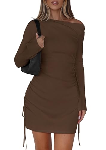 PRETTYGARDEN Long Sleeve Dress for Women Early Fall Fashion 2025 Cocktail Party Bodycon Off The Shoulder Mini Ruched Dresses(Brown,X-Large)