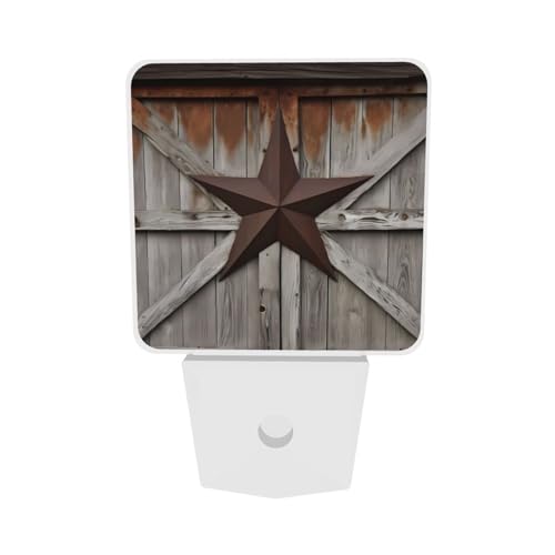 Image of Western Texas Star Night Light Set of 2, Old Barn Wood Auto Sensor LED Dusk-to-Dawn Nightlights, Plug-in Sensor Lamp for Bedroom Bathroom Kitchen Hallway Stairs Decorative