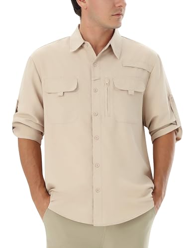 Autsel Camisa Hombre Casual Outdoor para Pesca y Senderismo, Camisa de Protección Solar UPF 50+ con Secado Rápido, Camisa Técnica Transpirable de Manga Larga para Viaje Kaki M