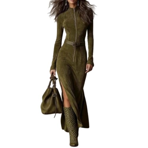 Langes Westernkleid für Damen, Wildleder, Herbst, Langarm, Reißverschluss, figurbetont, schmale Passform, Cowgirl-Kleider mit Gürtel, elegant,...