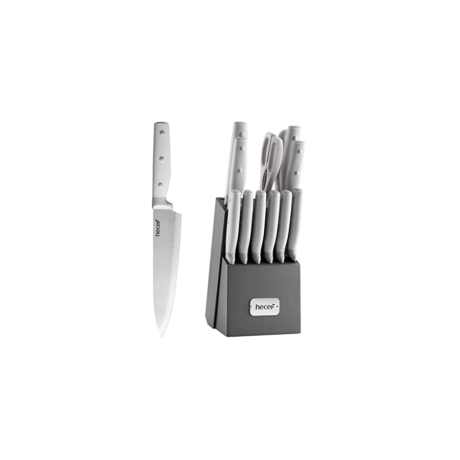 hecef Kitchen Knife Block Set, 14 Pieces Knife Set with Wooden Block & Sharpener Steel & All-purpose Scissors, High Carbon Stainless Steel Cutlery Set (Grey)