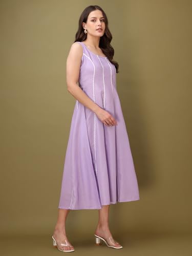 Image of PURVAJA Women's Round Neck Flared Cotton Blend Dress (Floe-043-045)