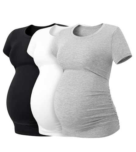 LAPASA Camiseta de Manga Corta para Premamá T-Shirt Embarazada Maternidad (Pack de 3) L55 XXL 1 Negro, 1 Gris Jaspeado, 1 Blanco