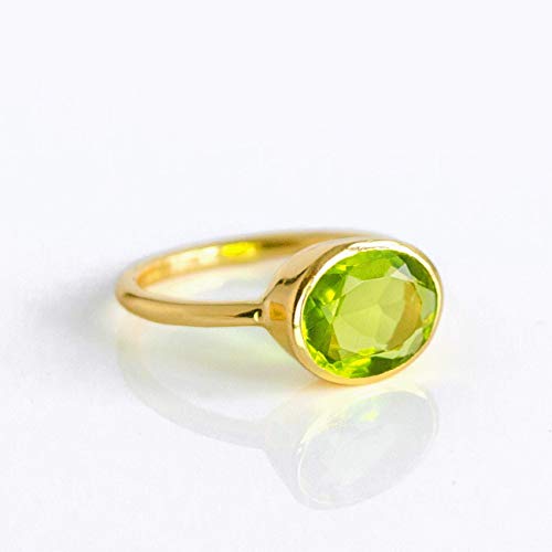 Oval Peridot Quartz Ring Bezel Set in Vermeil Gold or Sterling Silver, August Birthstone Ring