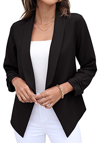 GRECERELLE Womens Blazer Suit Open Front Cardigan 3/4 Ruched Sleeve Casual Work Office Cropped Blazer Jacket for Ladies (01 Black, 14)