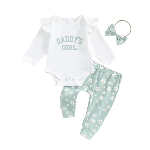 Image of Muasaaluxi Newborn Baby Girl Clothes Ruffle Long Sleeve ''Daddys Girl'' Romper Onesie Daisy Long Pants Headband Fall Outfit