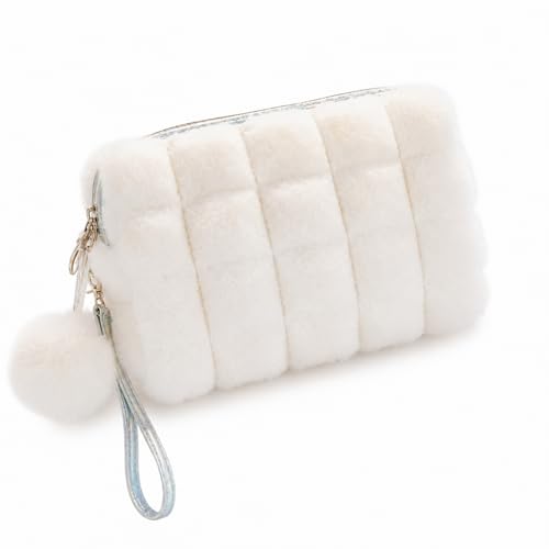 Estojo Necessaire Feminino Pelúcia Pompom Alça Escola Viagem (Bege)