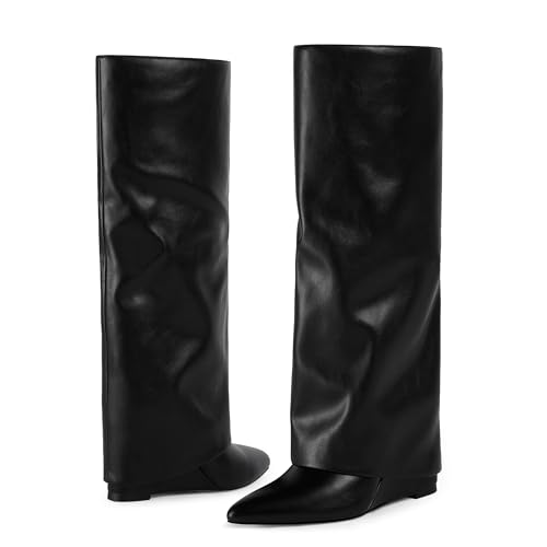 Modatope Knee High Boots Women Fold Over Boots Wedge Heel Slouchy Tall Boots Zipper Pointed Toe Dress Fall Long Boot for Women3