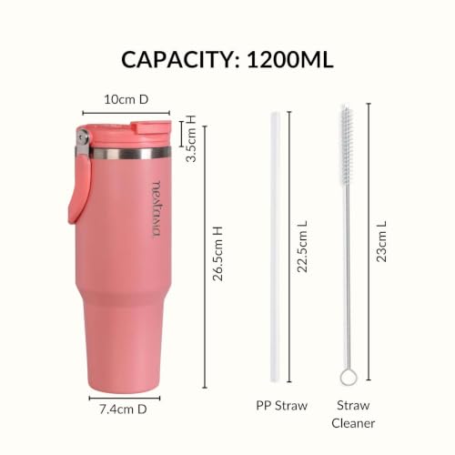 Image of Nestasia PickSip40 Tumbler with Straw & Top Handle 1.2L | Insulated Stainless Steel Sipper Water Bottle for Adults with Dual Flip Opening Sip-Swig Leakproof Lid for Office & Gym (Coral Pop)