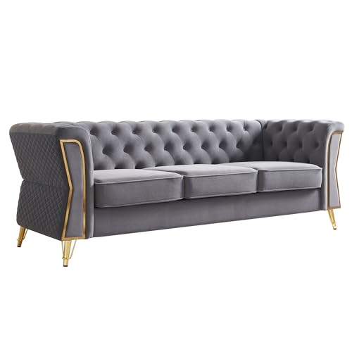 Image of KEIKI 87 inch Chesterfield Velvet Button Tufted Sofa with High Density Foam Cushions, Modern Style 3-Seater Couch with Gold Strip Trim Decoration, Easy Assembly, for Apartment, Living Room, Office, Grey