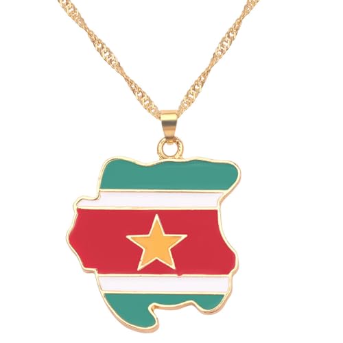 Surinam Carte Drapeau Pendentif Colliers - Émail Ethnique Hip Hop Charme Ras du Cou pour Femmes Hommes Clavicule Chaîne Chandail Chaîne Bijoux Cadeaux Accessoires, Jaune, Long