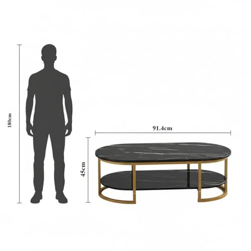 Image of Shoppee Modern 2-Tier Center Table with Engineered Wooden Top & Gold Metal Frame, Cocktail Sofa Table Living Room, Elegant Coffee Table - for Home, Office, Dining (Brown & Black)