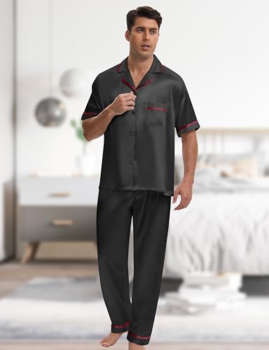 SEALINF Silk Pajamas for Men 4 Pcs Short Sleeve Button Down Sleepwear Satin Pajamas Set Shorts Long Pants Pjs with Sleep Mask4