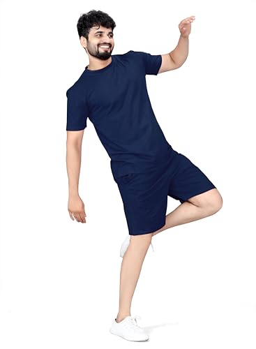 Image of ELLITI Cotton Blend Solid Casual Round Neck Half Sleeve Oversized Co-ord Set Men's, Pyjama Set, Sleepwear Loungewear T-Shirt and Shorts Combo for Men, Night Wear for Men, Night Suit for Men's