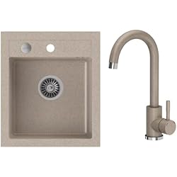 Fregadero Color VBChome Fregadero con grifo, 43 x 50 cm, de granito, color beis, empotrable, reversible, con sifón