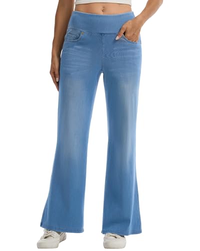 Amzdora Women’s High Waisted Wide Leg Jeans Pull On Stretch Denim Pants Tummy Control Flare Leggings Pants with Pockets, Light Blue, Size 14