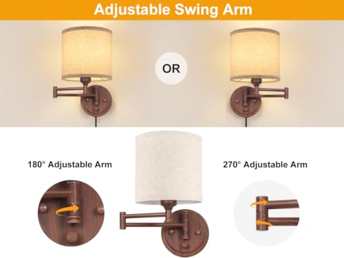 Image of GOODATE Plug in Wall Sconces with Remote Control, Dimming & Adjustable Colors 2700K-6500K, Hardwire or Plug-in, Swing Arm Wall Lamp, Wall Sconces Set of Two, Linen Fabric Shade, Walnut Finish
