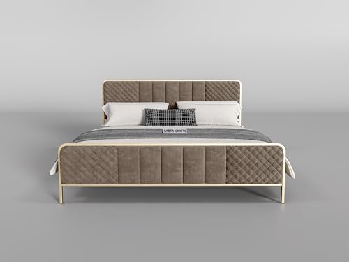 Image of Modern Upholstered Double Size Bed for Bedroom | Metal Double Bed | Platform Cot Bed with Upholstery Premium Fabric | 6.5 x 4 Ft | Powder Coated Metal Bed | Beige