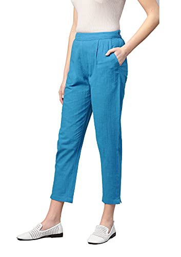 Image of Yash Gallery Women's Regular Fit Mid Rise Solid Cotton Slub Ankle Length Regular Trouser Pant