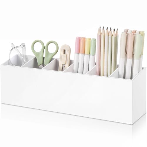Image of Jetec Acrylic Pen Holder 6 Compartments Makeup Brush Stationery Organizer Pencil Holder for Desk Accessories, Cosmetic Brushes, Dorm, Home, Bathroom, Kitchen, Office Supplies(White)