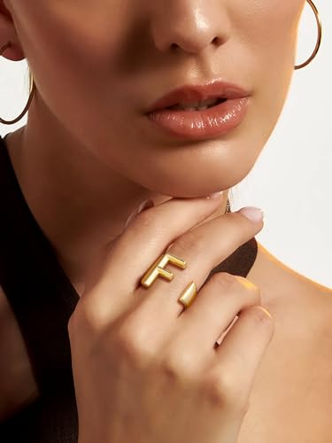 Suplight Nikel Free 18K Gold Plated Letter Rings, Fashion Monogram Jewelry Statement A-Z Wide Name Initial Alphabet Adjustable Open Ring for Women4