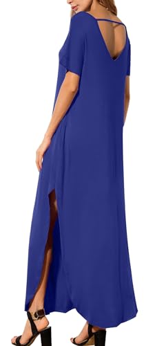 Image of GRECERELLE Women's Summer Maxi Dress Casual Loose V Neck Short Sleeve Side Split Long Dresses with Functional Pockets