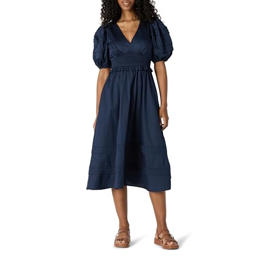 Amazon Essentials Women's Regular-Fit Cotton Sateen Puff Sleeve Midi Dress