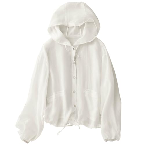Cotton Linen Sun Protection Hoodie Top Women Lightweight Long Sleeve Shirt Oversized Breathable Hooded Cover Ups