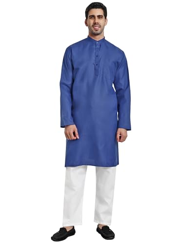 Men's Cotton Blend Casual Kurta Pajama Set (Blue, X-Large)