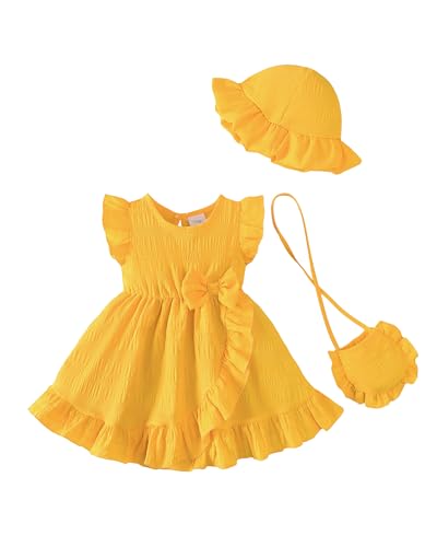 SODLON Toddler Girl Dress 12-18 Months Infant Baby Girl Summer Clothes Outfits Yellow Ruffle Sleeveless Bow Dresses Cross Front Ruffle Hem Dress Birthday Gifts Beach Vacation Sundress with Hat