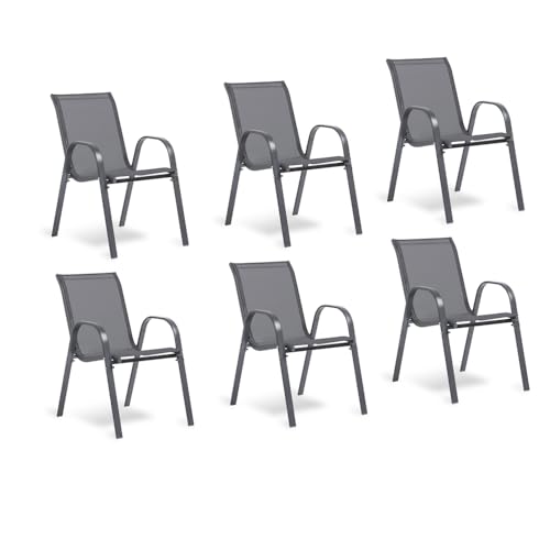 TERRE JARDIN - Chaises de Jardin, Lot de 6 - Chaises Empilables - Gris Anthracite, en Textilène Haute Densité pour Extérieur - Confortables et Design - - Gris