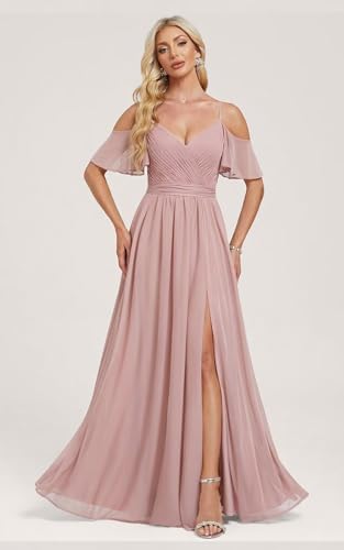 Women’s Off Shoulder Chiffon Bridesmaid Dresses Long for Wedding with Slit Flutter Sleeves Ruched Formal Gowns4