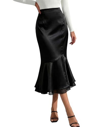 DERAX Womens Satin Silk Midi Mermaid Skirt Bodycon High Waisted Flowy Ruffled Tiered Fishtail Skirts Black M